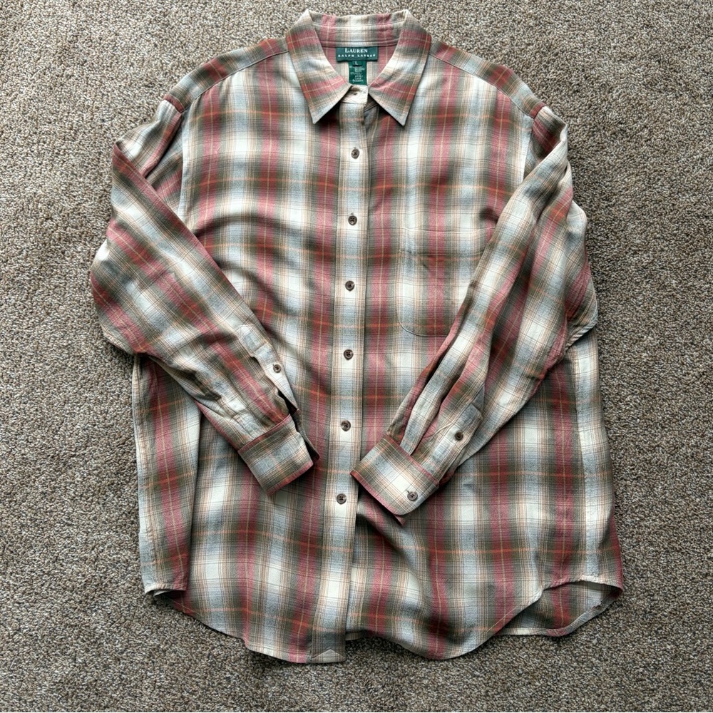 Lauren Ralph Lauren Womens Button Up Shirt Size Large Wool Beige Plaid Classic